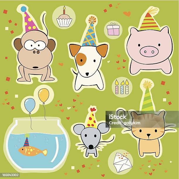 Группа Животных С Шапки — стоковая векторная графика и другие изображения на тему День рождения - День рождения, Собака, Вечеринка