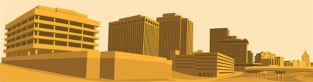 Warm Skyline Detailed vector illustration of a panoramic city skyline.  Area of thumbnail in white box is shown larger below to see detail in illustration. akron ohio stock illustrations