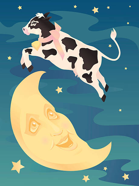 корова jumping over moon. - aciculum stock illustrations