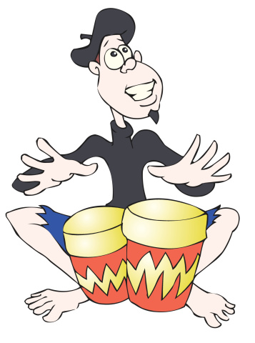 Hepcat wails on the bongos.  Like, cool daddio. Cartoon, vector EPS file on transparent background.