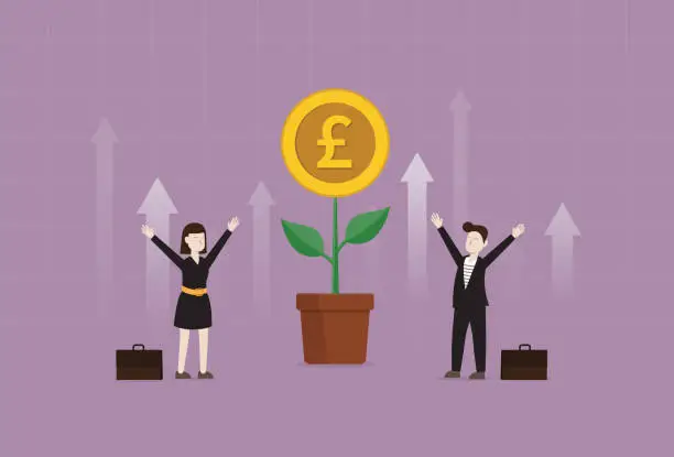 Vector illustration of Planting a Uk pound money tree for British currency prosperity