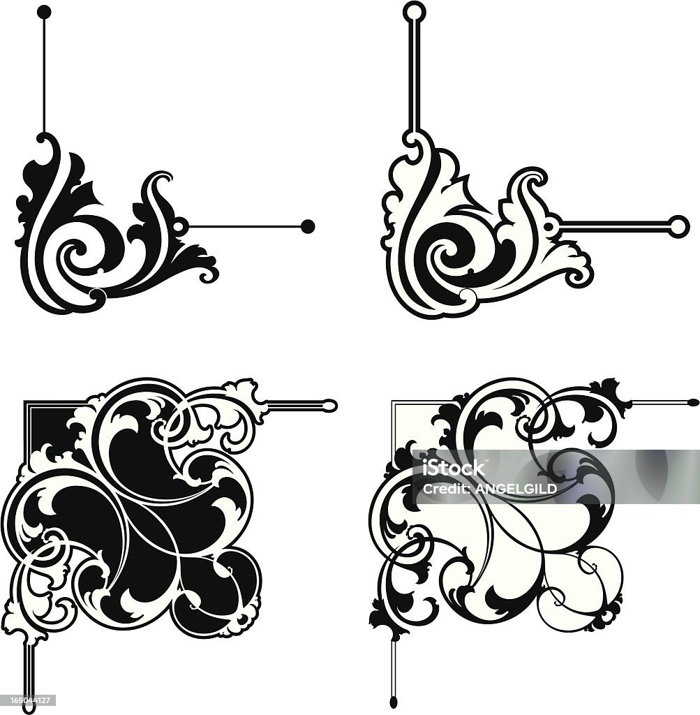 Ornate Corners Assorted Vectorized Victorian Corner Design Elements. Saved in formats , AI ver 12, , EPS ver 8, Corel Draw ver 8, PDF, and High Res Jpeg Angle stock vector
