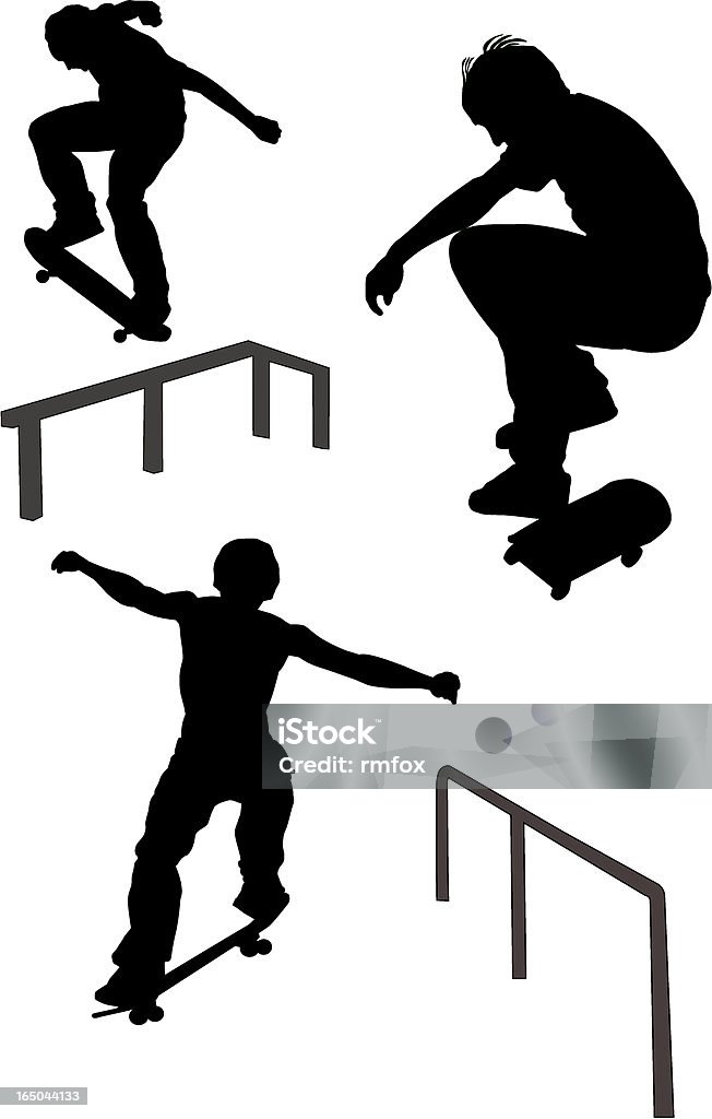 Skateboarders (Vector) Three different skateboard sillouettes and railings. All on seperate layers. Skateboard Park stock vector