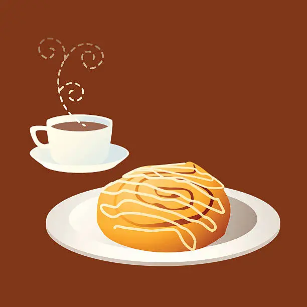 Vector illustration of Tea time: coffee and cinnamon bun