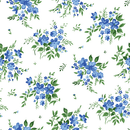 Seamlessly repeating blue floral bouquet pattern on white background.