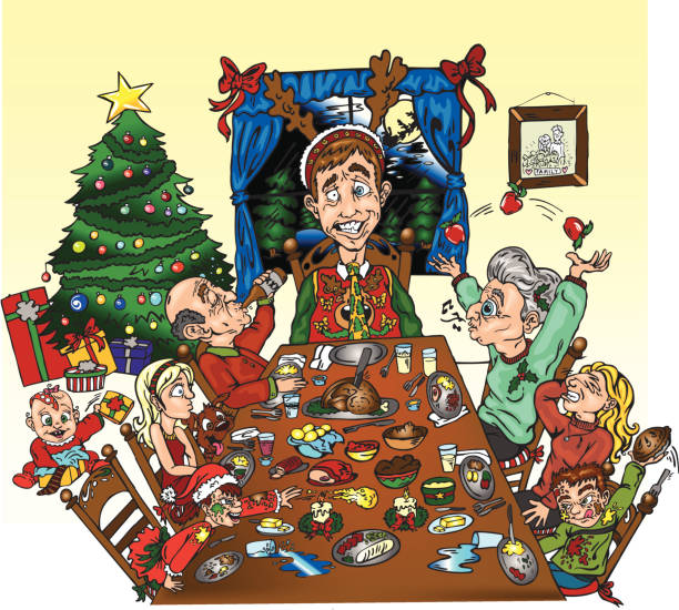 Family Dinner! Oh my gravy!  What has gone wrong, ahhh, you gotta love that good ol' holiday feast! YUMMMMMY!!! I drew this line art then colored in illustrator.  What fun! christmas chaos stock illustrations