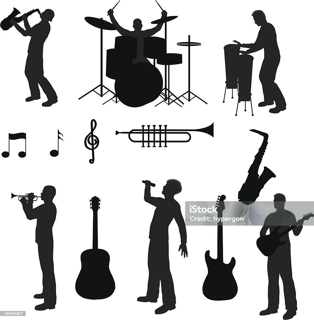 Music Silhouette Collection (vector+jpg) File types included are ai, eps, svg, various jpgs (3000x3000,1000x1000,500x500) In Silhouette stock vector