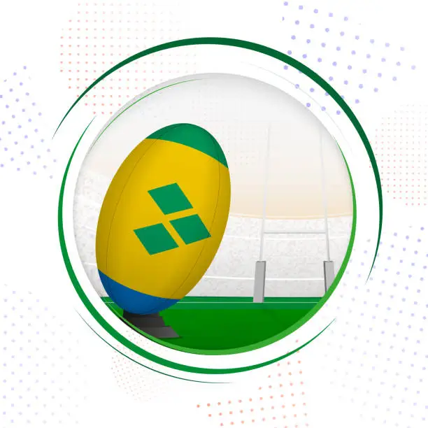 Vector illustration of Flag of Saint Vincent and the Grenadines on rugby ball. Round rugby icon with flag of Saint Vincent and the Grenadines.
