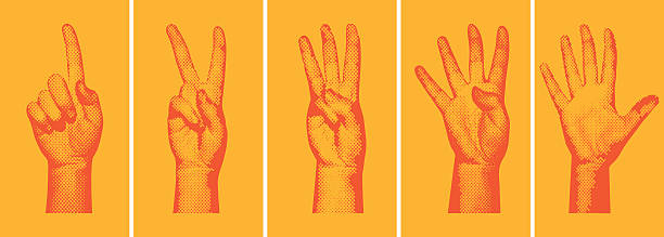 Halftone Number Fingers AI8, EPS, High-Resolution JPG, and layered PSD (version 5.5) included. Halftone hands forming the numbers one through five, with a silkscreen/pop-art/grunge sort of feel. Background on a separate layer for easy removal. Great for Flash animation countdowns. counting stock illustrations