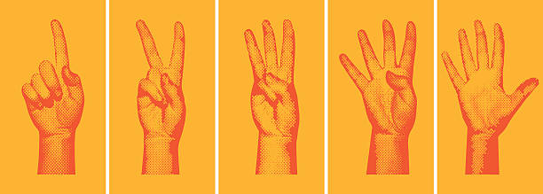 Halftone Number Fingers AI8, EPS, High-Resolution JPG, and layered PSD (version 5.5) included. Halftone hands forming the numbers one through five, with a silkscreen/pop-art/grunge sort of feel. Background on a separate layer for easy removal. Great for Flash animation countdowns. 4 Images stock illustrations