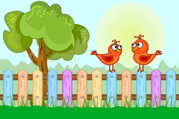 Vector illustration of Birds sitting on garden fence. Summer village, plank fence and two red nestling.