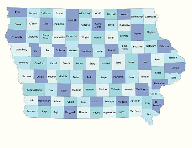 Iowa state - county map Detailed state-county map of Iowa. This file is part of a series of state/county maps.  Each file is constructed using multiple layers including county borders, county names, and a highly detailed state silhouette. Each file is fully customizable with the ability to change the color of individual counties to suit your needs.  Zip contains both .AI_CS2 and .ESP_8.0 as well as a large JPEG file.  Map generated using data from the public domain.  (http://www.census.gov/geo/www/tiger/) Traced using Adobe Illustrator CS2 on 7/28/2006. 3 data layers. iowa stock illustrations