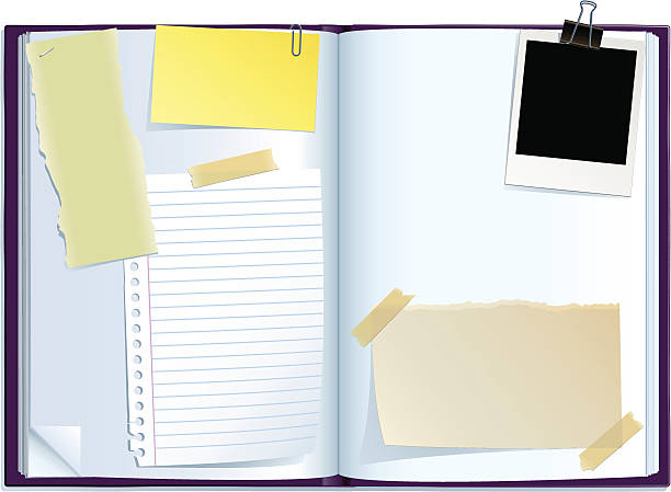 journal spread Open notepad with papers clipping on it. personal organizer photos stock illustrations