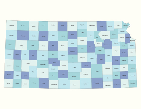 Detailed state-county map of Kansas. This file is part of a series of state/county maps.  Each file is constructed using multiple layers including county borders, county names, and a highly detailed state silhouette. Each file is fully customizable with the ability to change the color of individual counties to suit your needs.  Zip contains both .AI_CS2 and .ESP_8.0 as well as a large JPEG file.  Map generated using data from the public domain.  (http://www.census.gov/geo/www/tiger/) Traced using Adobe Illustrator CS2 on 7/28/2006. 3 data layers.