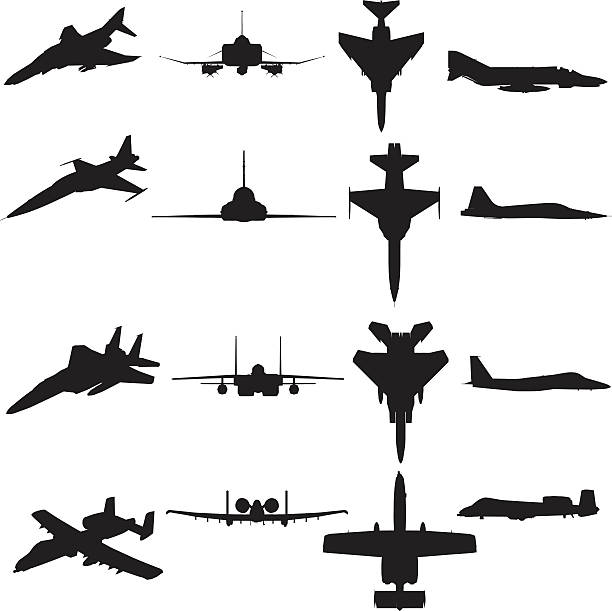 ilustraciones, imágenes clip art, dibujos animados e iconos de stock de aeronaves militares silueta collection (vector jpg - jet