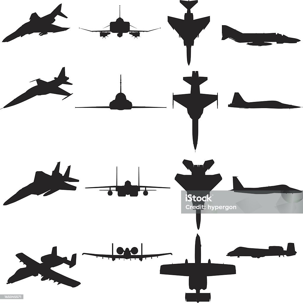Military Aircraft Silhouette Collection (vector+jpg) File types included are ai, eps, svg, and various jpgs (3000x3000,1000x1000,500x500) Fighter Plane stock vector