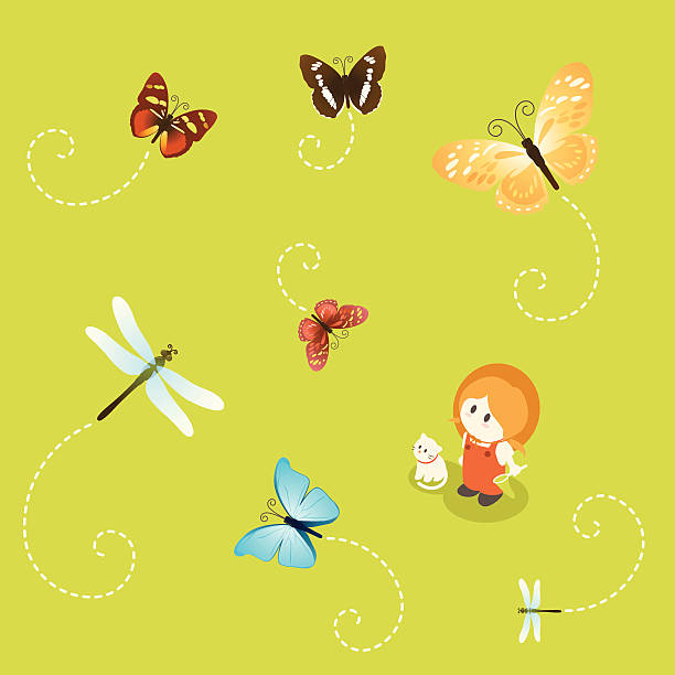 illustrations, cliparts, dessins animés et icônes de petite fille series: papillons et dragonflies - little girls fun lifestyle handcarves