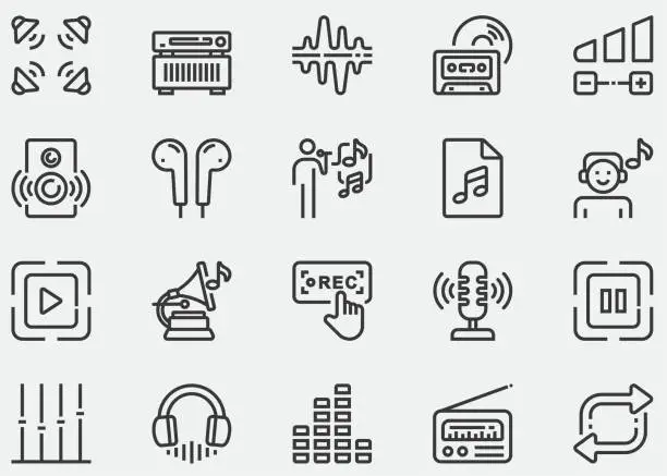 Vector illustration of Audio, Headphones, Sound, Music, Volume, Earphones, Equalizer, speaker, Audiophile, Hi-res, Turntable, Amplifier, CD player, Vinyl, Cassette deck, Cassette, Relaxing, Tuner, Radio, Singing. Line Icons