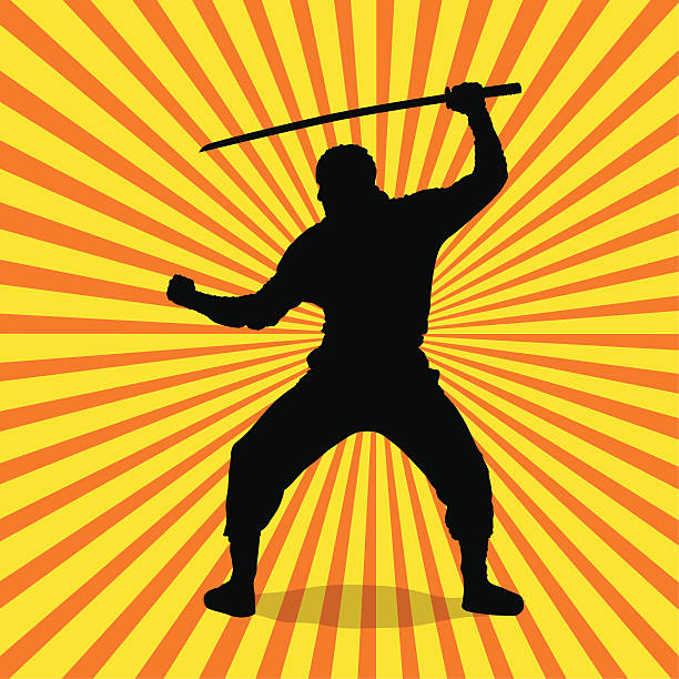 Ninja Silhouette Silhouette of a Ninja with sword in defensive stance. .Eps version 08, .ai version CS2 and a very large raster JPEG image included. blackbelt stock illustrations