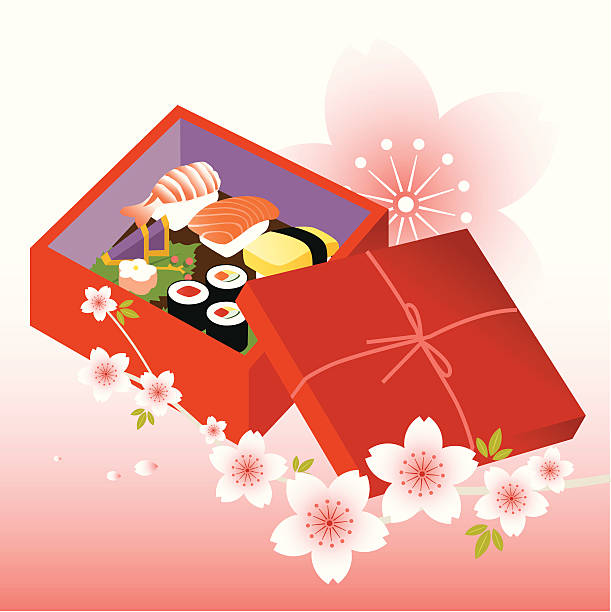 red sushi bento z różowy kwiat wiśni branch - sushi california roll salmon sashimi stock illustrations