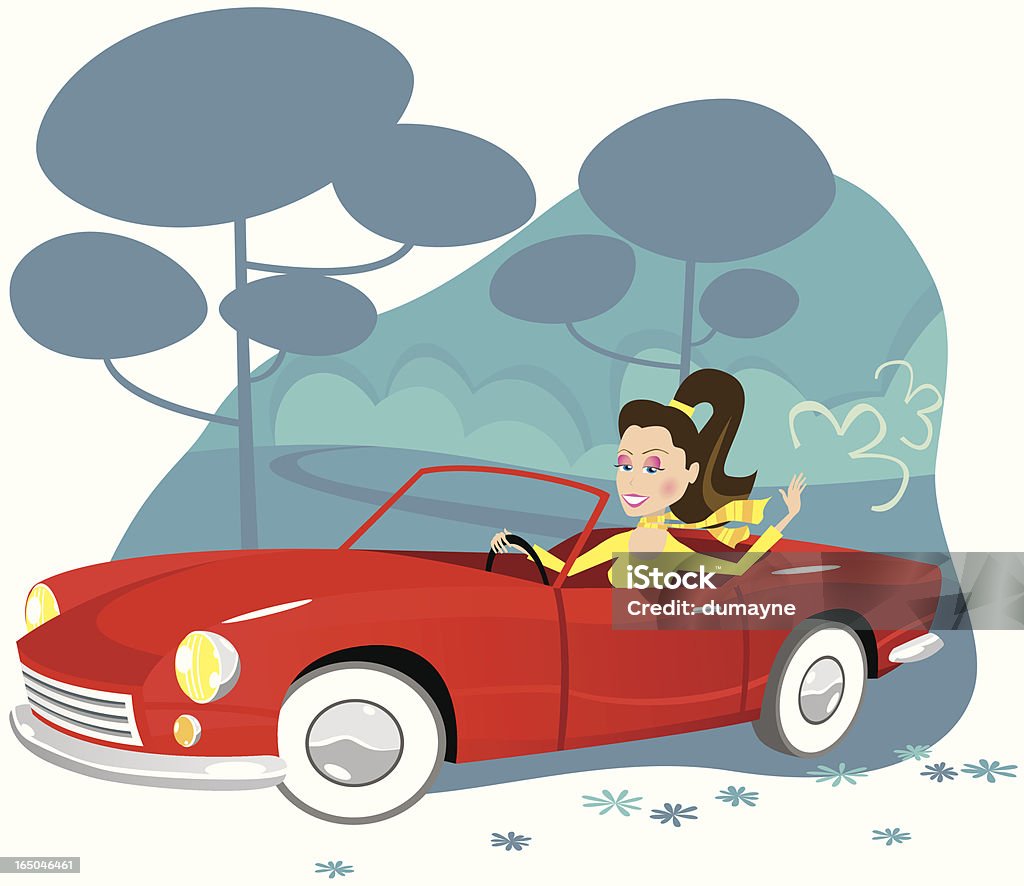 Jeune femme conduire une voiture de sport Rouge classique - clipart vectoriel de Voiture décapotable libre de droits