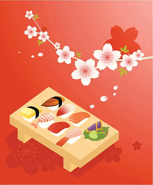 Vector illustration of Sushi picnic in an outdoor cherry blossom spring setting
