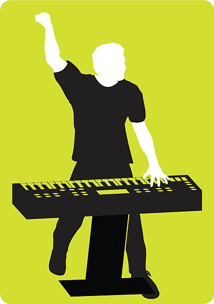 Keyboard Player EPS, AI8, and High-Resolution JPG included. Keyboard player plays with one hand while pumping his fist and working the crowd with his other hand. Each element is on a separate layer. electric piano stock illustrations