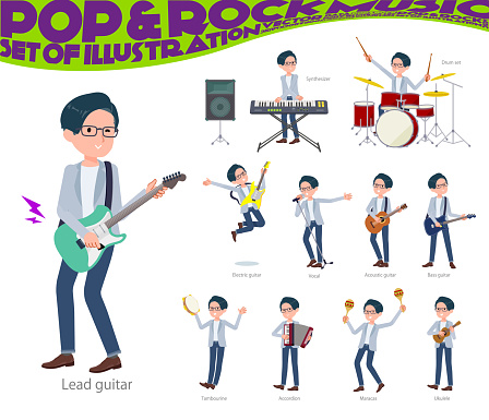 A set of Programmer engineer man playing rock 'n' roll and pop music.It's vector art so easy to edit.