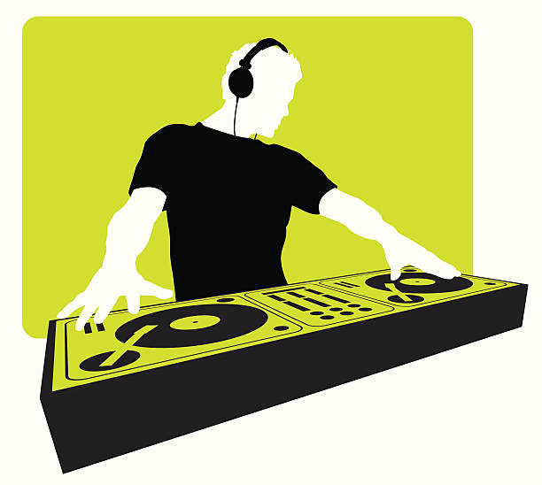 ilustraciones, imágenes clip art, dibujos animados e iconos de stock de dj auricular de transporte con plataforma giratoria - tocadisco