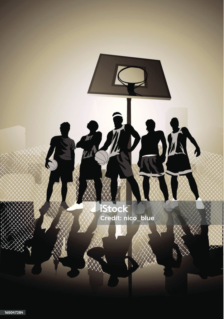 Street ball "Street basketball urbanity style. Complete with city skylines, reflective floors and top notch elements." Basketball - Sport stock vector