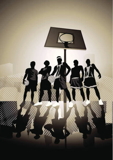 Street ball "Street basketball urbanity style. Complete with city skylines, reflective floors and top notch elements." basketball sport street silhouette stock illustrations