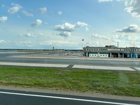 General view across the tarmac of an airport