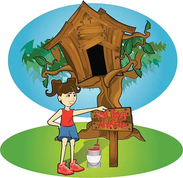 Vector illustration of Little Girl Painting No Boys Allowed Sign on Treehouse