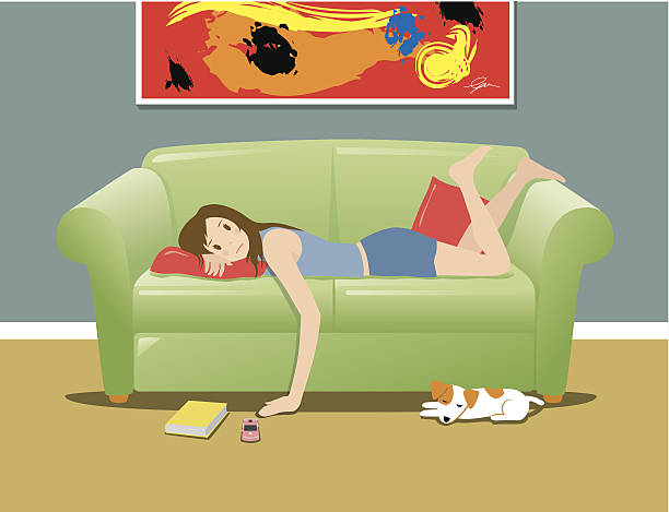 женщина, лежа на диване и ощущение скучно - aciculum stock illustrations