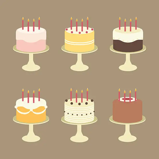 Vector illustration of Cute Birthday Cakes with Candles on Cake Stands