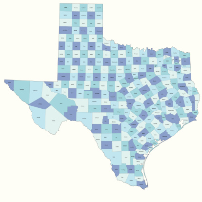 Detailed state-county map of Texas.