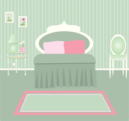 Gradients were used to create this girl's soothing green decorated bedroom.  Extra large JPG, thumbnail JPG, and Illustrator 8 compatible EPS are included in zip.