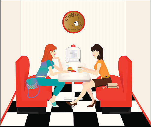 Lunch at the Diner Gradients were used to create this image of two beautiful young women having lunch at a retro diner. Extra large JPG, thumbnail JPG, and Illustrator 8 compatible EPS are included in zip. restaurant table side view stock illustrations