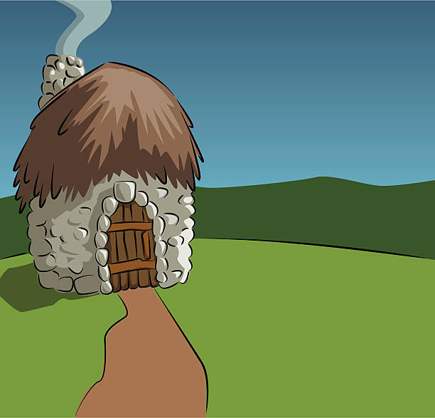 Thatched roof cottage vector cartoon vector art illustration