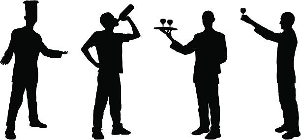 Four Food and Drink Silhouettes Silhouettes of a welcoming chef, a man drinking from a bottle, a waiter, and a man making a toast. (vector) chef silhouettes stock illustrations