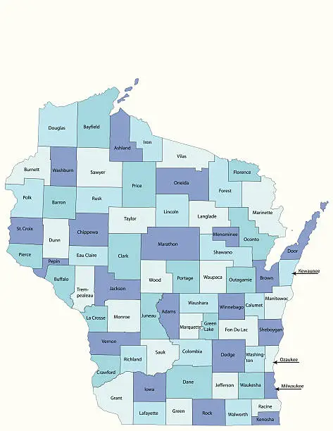 Vector illustration of Wisconsin state - county map