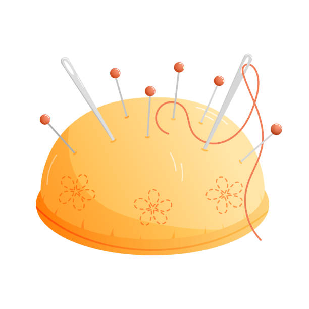 바느질 핀쿠션. 핀쿠션 격리 클립아트에 실이 있는 핀과 바늘. 바느질과 자수 액세서리 및 용품 만화 벡터 일러스트레이션 - pillow cushion embroidery homewares stock illustrations