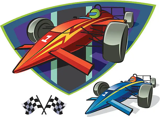 Vector illustration of Indy Race Cars and Checkered Flags