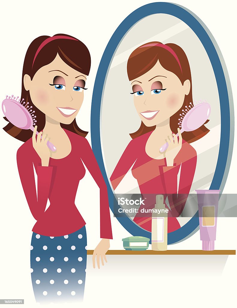 若い女性鏡で髪をブラシでとく - イラストレーションのロイヤリティフリーベクトルアート