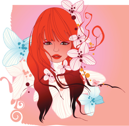 illustration of a pretty girl adorned with flower elements. abstract and very dreamlike. the elements of this design are very trendy and can be used as backgrounds on other stuff... enjoy!