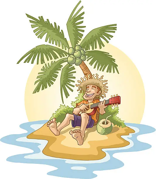 Vector illustration of Man Playing Ukele on Tropical Island