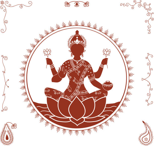 Mehndi Lakshmi (Vector) An illustration of Lakshmi, the Hindu Goddess of prosperity, with corners and paisleys - inspired by the art of mehndi (henna painting). (Includes .jpg) indian goddess lakshmi stock illustrations