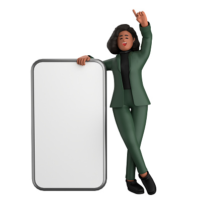 3d black business woman executive wearing a green suit pose standing with laptop, tablet, mobile phone, megaphone isolated on white background, 3d rendering