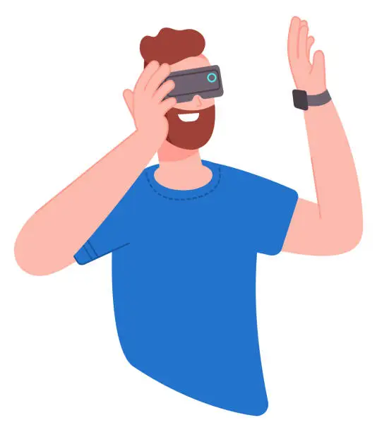 Vector illustration of Man in vr glasses. Futuristic virtual reality headset