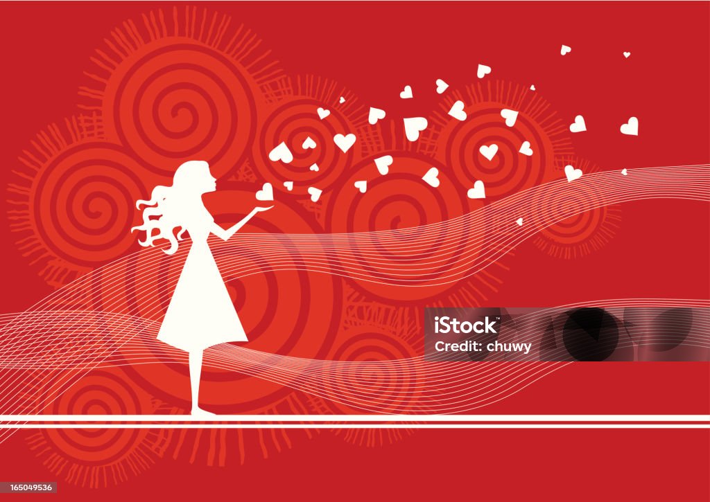 Red and white animation of a woman in a dress with hearts Girl with flying valentine hearts background. Heart Shape stock vector